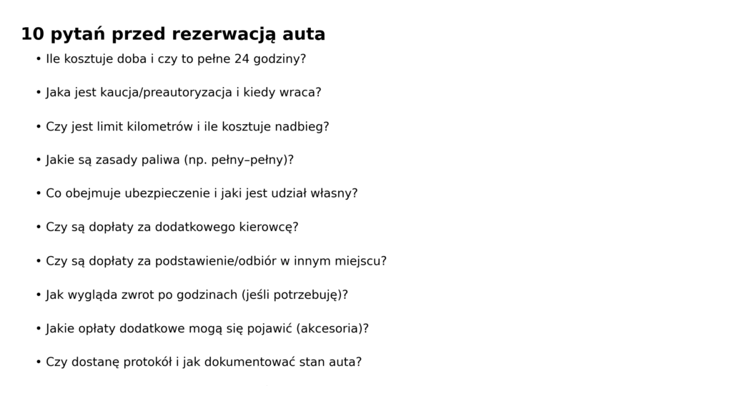 Checklista 10 pytań przed rezerwacją samochodu w wypożyczalni w Poznaniu.