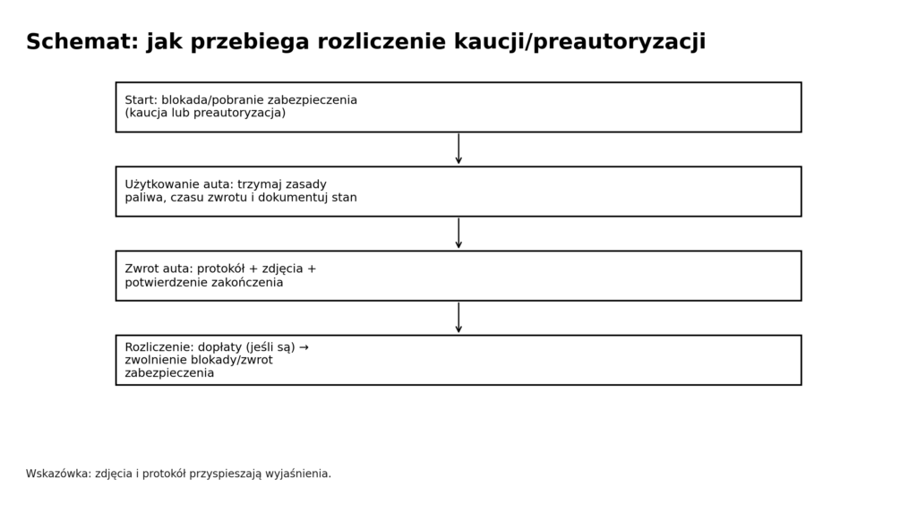 Schemat procesu rozliczenia kaucji lub preautoryzacji: od blokady do zwrotu środków.