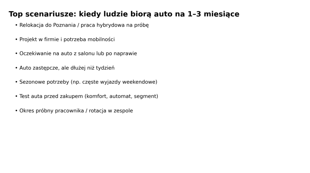 Lista najczęstszych scenariuszy wynajmu auta na 1–3 miesiące (relokacja, projekt, oczekiwanie).
